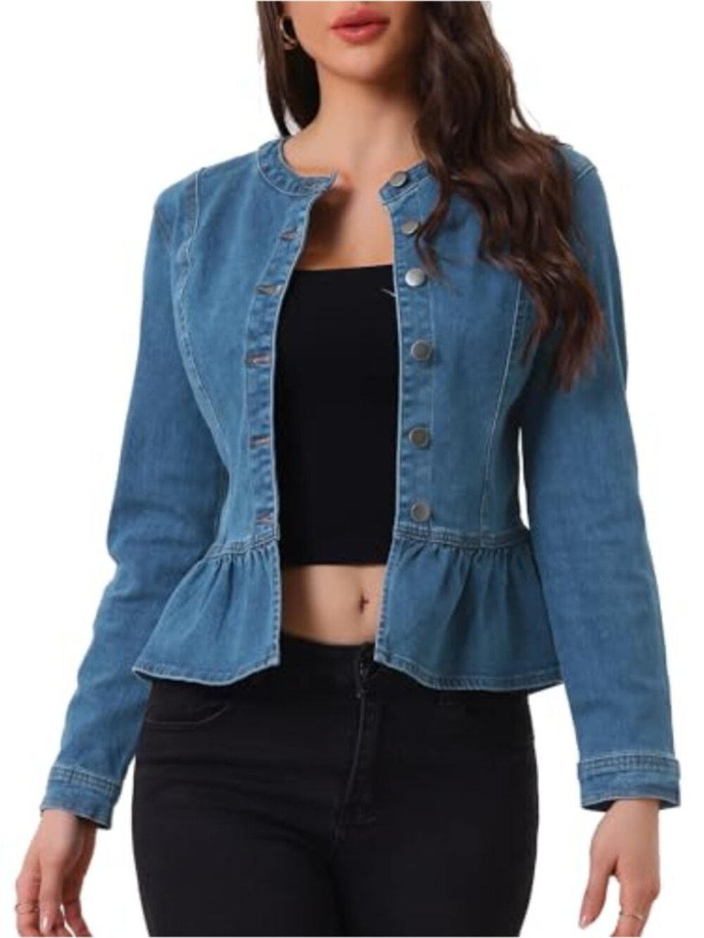 Peplum Denim Jacket Collarless Ruffle Hem Crop